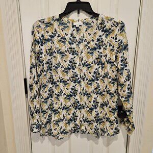 J. Jill V neck Long Sleeve Blouse Size Medium Button Up Floral Bird Pattern